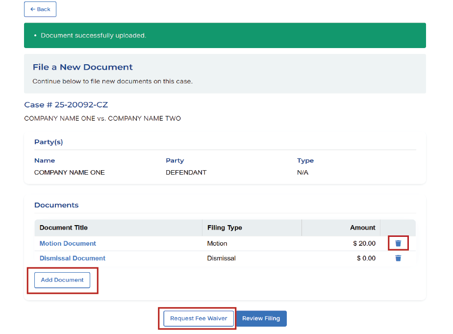 File a new document. The user has added two document files. The add documents button is highlighted. The screen displays the document names, types, amounts, and offers the option to remove the documents. The remove button (a trashcan icon) is highlighted. Since documents with fees have been added to the filing, the review fee waiver button is visible. This button is highlighted.