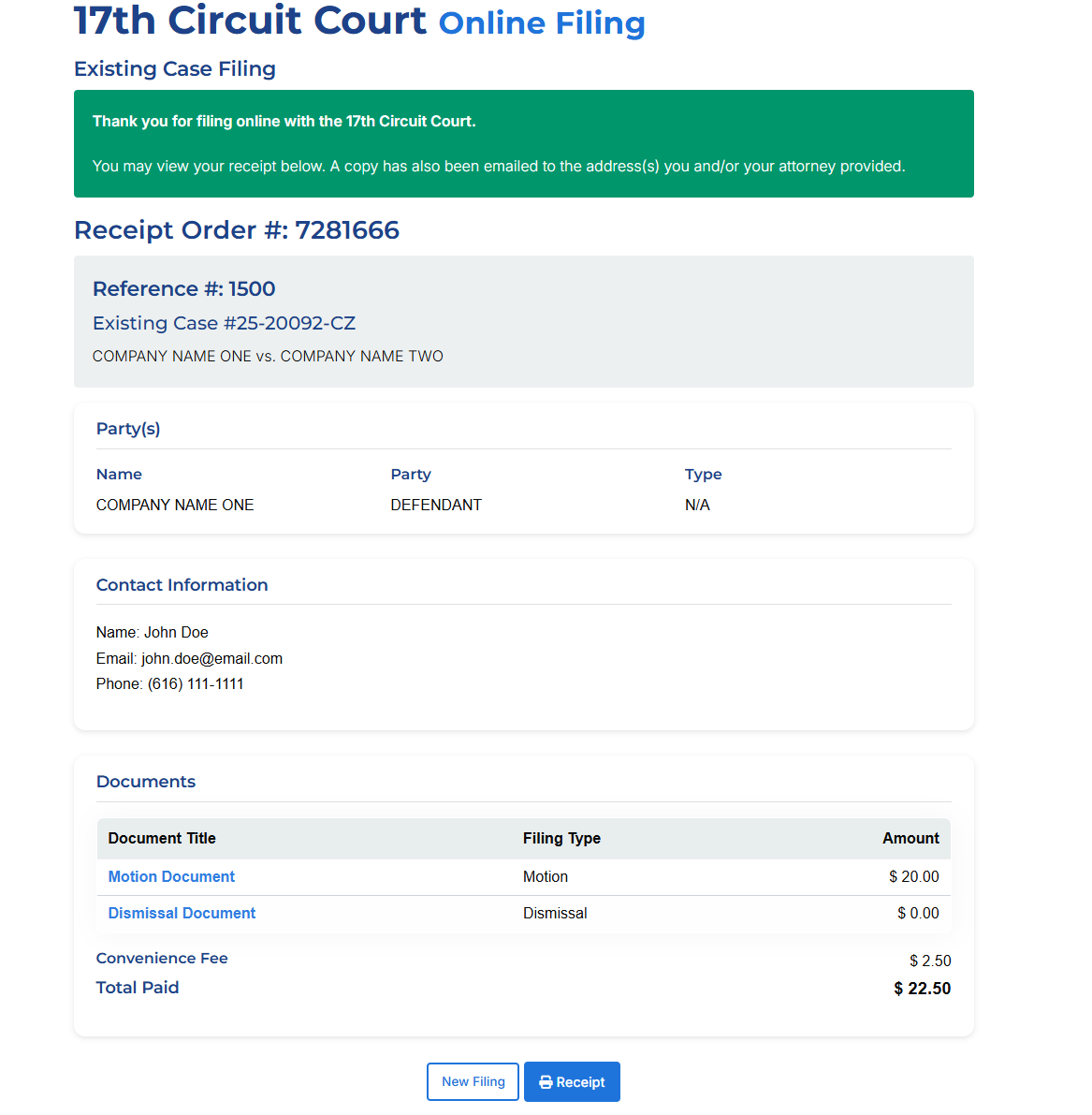 A success message on the screen thanks the user for filing online with the 17th Circuit Court. The rest of the screen displays the order number, case number, party names, documents filed, total paid, and contact information. At the bottom of the screen, there are two buttons: One prompts the user to start a new filing, and the other allows the user to view and print their receipt.