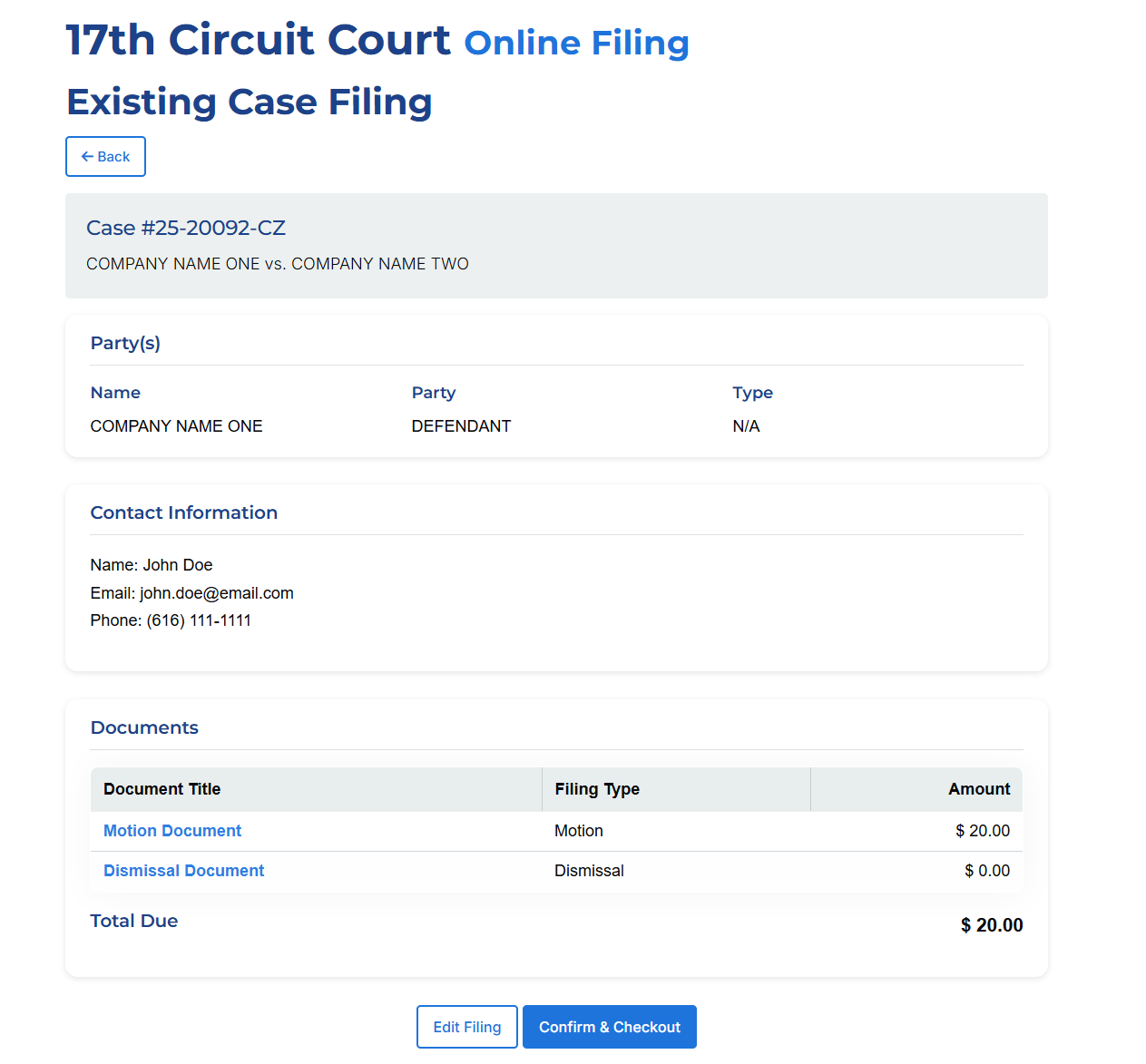 The screen presents the user with the case name, party name(s), contact information, document(s), and total cost. The user has the option to go back to filing or to continue to checkout.