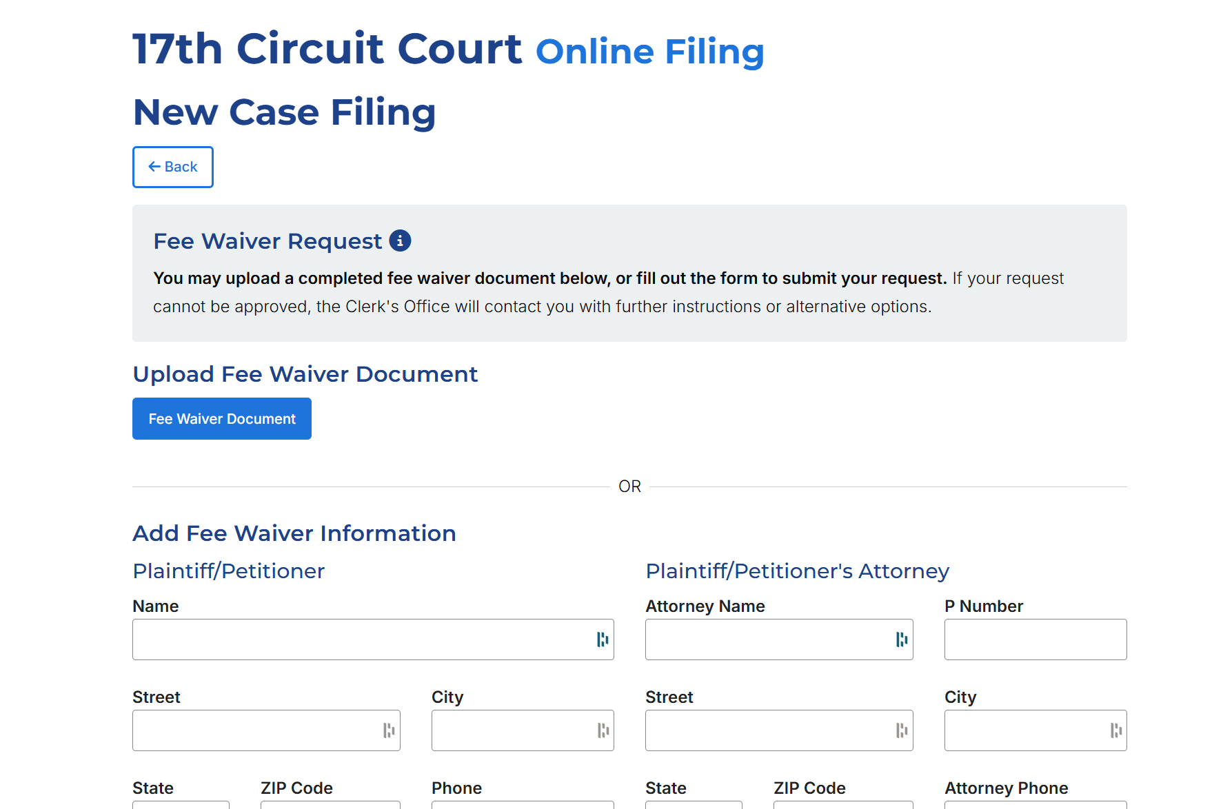 At the top of the page, there is a button that allows the user to upload their fee waiver document as a PDF file. Below this, the user also has the option to manually enter in their fee waiver information. At the bottom of the page, the user has the option to either skip the waiver and continue, or submit the waiver request and review the filing.